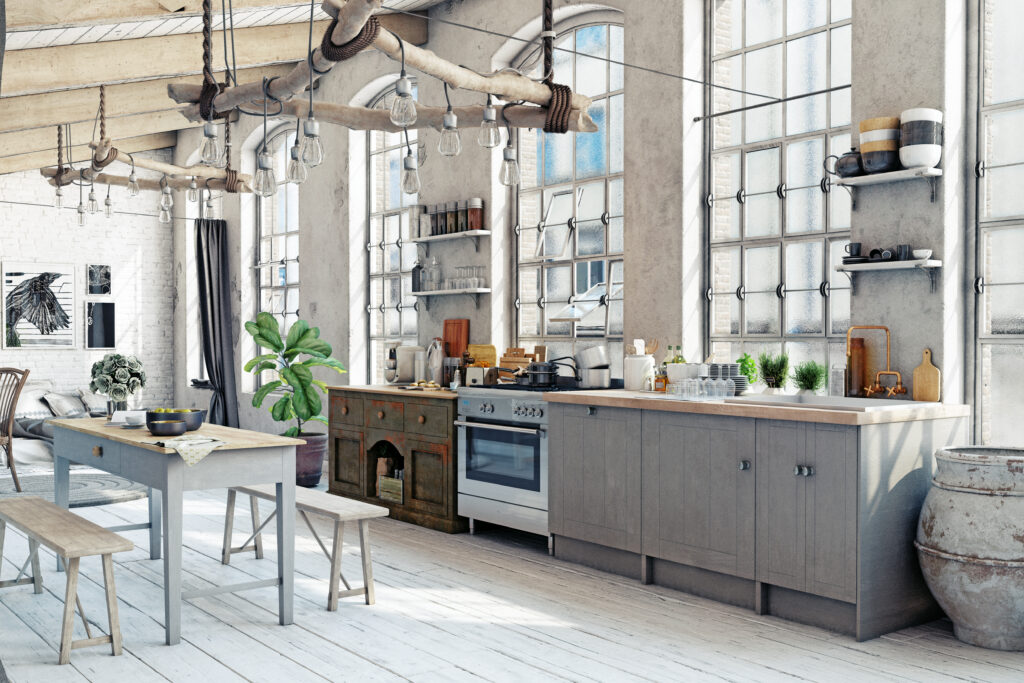 white and grey kitchen with drift wood and rope light fixtures, lots of natural light and 4 open, white shelves with dish ware and food jars