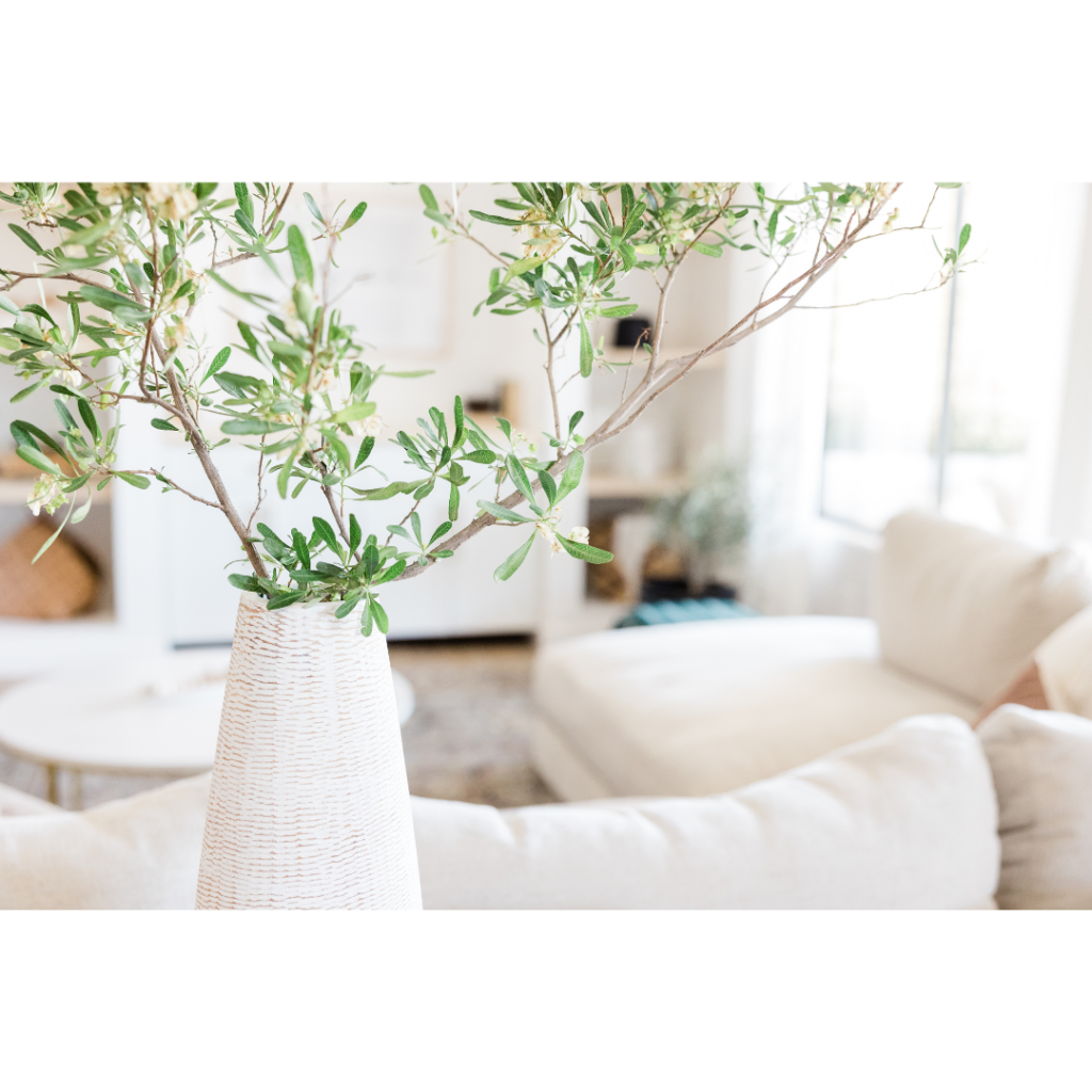 Room with beige couch, bright, natural light, white, wicker vase with small, brown branches with green leaves; things to know about your loan